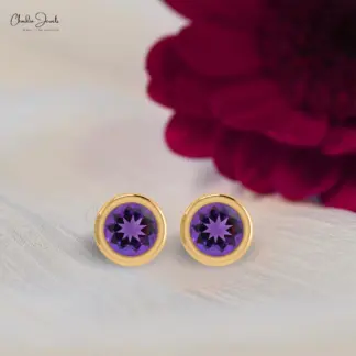 February Birthstone 5mm Round Brilliant Cut Solitaire Studs, 0.84 Ct February Birthstone Stud Earrings, 14k Solid Gold Bezel Set Gemstone Minimalist Jewelry For Gift