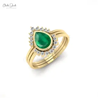 Bezel Set 0.72Ct Zambian Emerald And Diamond Stackable Halo Ring in 14k Real Gold