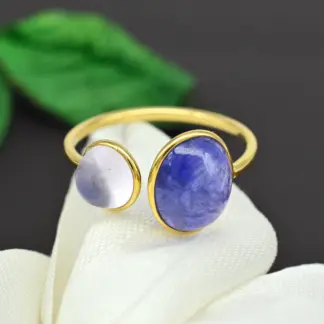 14k Yellow Gold Split Shank Tanzanite Ring Genuine Rainbow Moonstone Cuff Ring