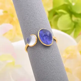 14k Yellow Gold Split Shank Tanzanite Ring Genuine Rainbow Moonstone Cuff Ring