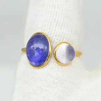 14k Yellow Gold Split Shank Tanzanite Ring Genuine Rainbow Moonstone Cuff Ring