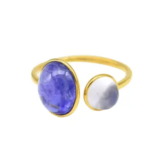 14k Yellow Gold Split Shank Tanzanite Ring Genuine Rainbow Moonstone Cuff Ring