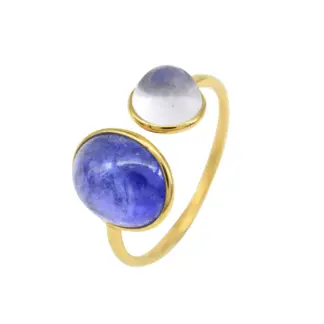 14k Yellow Gold Split Shank Tanzanite Ring Genuine Rainbow Moonstone Cuff Ring
