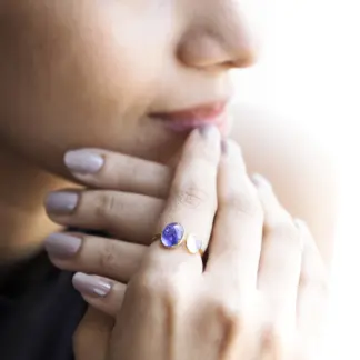 14k Yellow Gold Split Shank Tanzanite Ring Genuine Rainbow Moonstone Cuff Ring