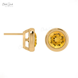 Single Stone Push Back Studs With 5mm Citrine Round Bezel Set Earrings In 14k Solid Gold