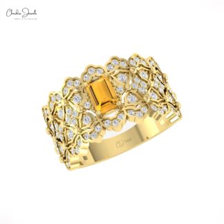 Natural Citrine Statement Ring In Pure 14k Gold G-H Diamond And Gemstone Fine Jewelry