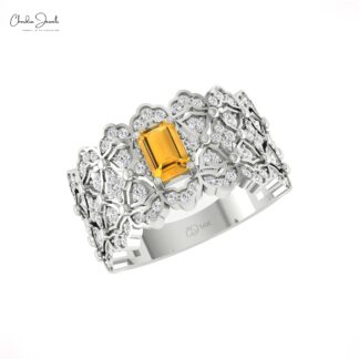 Natural Citrine Statement Ring In Pure 14k Gold G-H Diamond And Gemstone Fine Jewelry