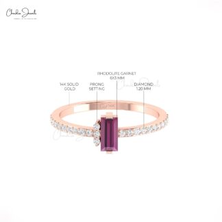 Natural Baguette Rhodolite Garnet Ring In 14k Real Gold Gemstone Diamond Proposal Ring