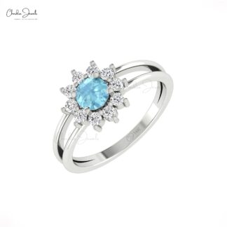 Halo Diamond Twin Shank Ring In 14k Solid Gold Aquamarine 5mm Gemstone Floral Bridal Ring