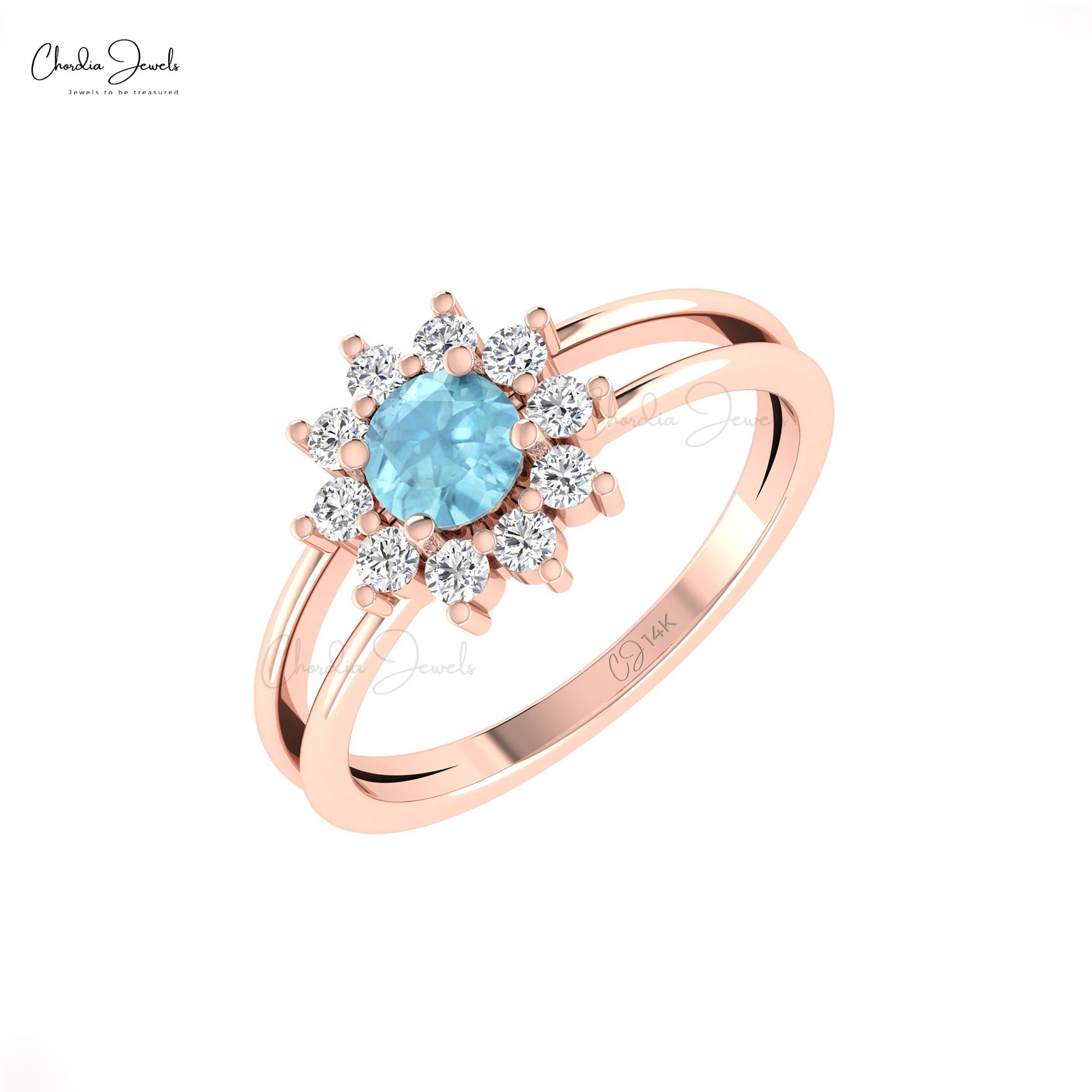 Halo Diamond Twin Shank Ring In 14k Solid Gold Aquamarine 5mm Gemstone Floral Bridal Ring