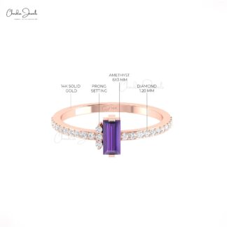 Two Birthstone Ring In 14k Pure Gold Baguette Amethyst And Diamond Anniversary Rings