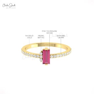 Dual Birthstone Dainty Ring In Pure 14k Gold Baguette Pink Tourmaline Diamond Bridal Ring