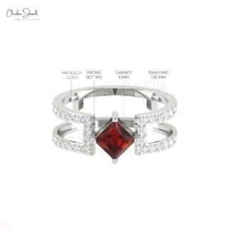 Natural Red Garnet Parallel Split Shank Band In 14k Pure Gold Diamond Stackable Bridal Ring