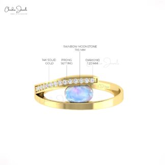 Oval Split Shank Engagement Ring In 14k Solid Gold Rainbow Moonstone And Diamond Rings