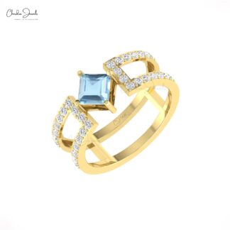 AAA Aquamarine Dual Band With 0.6 Ct Gemstone And Diamond Split Shank Ring In 14k Gold
