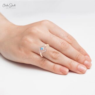 Pure 14k Gold Halo Diamond Ring With 4mm Rainbow Moonstone Statement Anniversary Rings