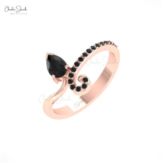 Pear Leaf Style Ring With 0.54 Ct Black Diamond Bypass Engagement Rings In 14k Real Gold