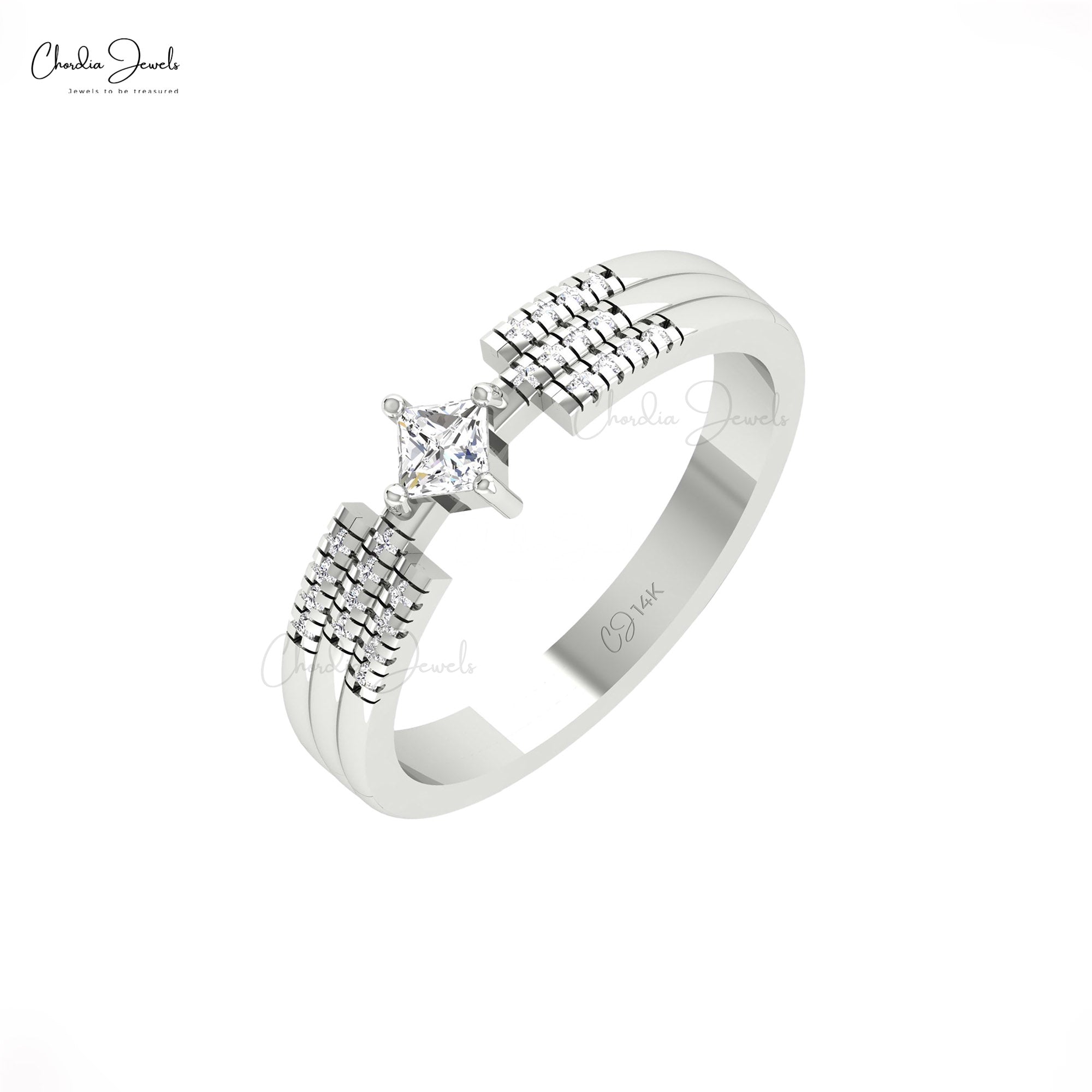 Split Shank Square Cut Ring With 3mm Diamond Prong Set In 14k Pure Gold Wedding Rings