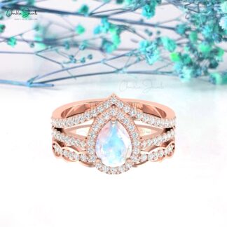 Pear Split Shank Ring With 0.96 Ct Rainbow Moonstone And Diamond Ring In 14k Real Gold