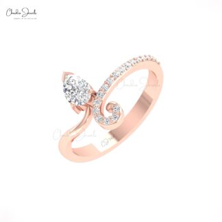 Bypass Leaf Wedding Ring In Solid 14k Gold White Diamond 6x3mm Pear Cut Rings For Her