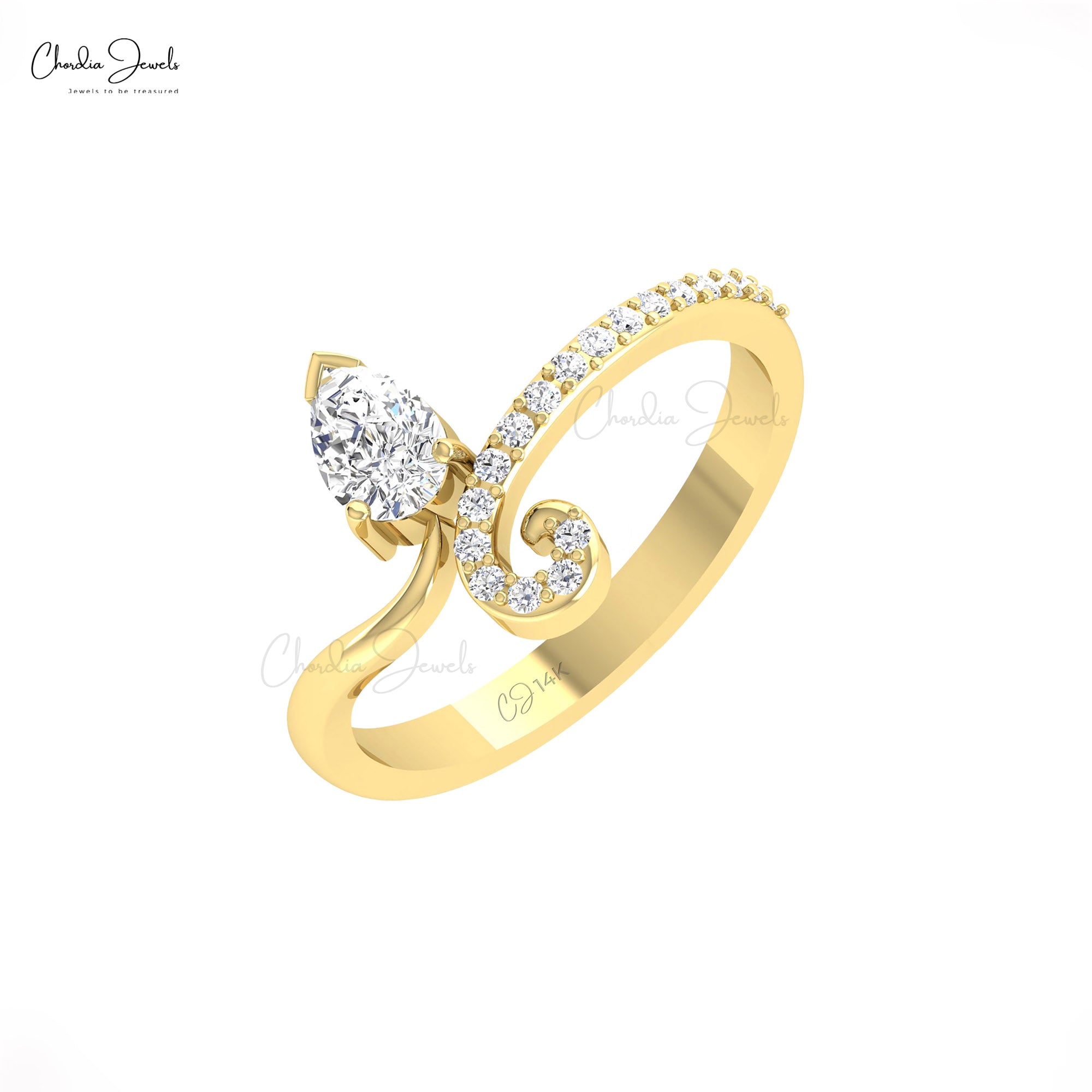 Bypass Leaf Wedding Ring In Solid 14k Gold White Diamond 6x3mm Pear Cut Rings For Her