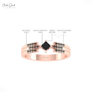 Stackable Triple Band In 14k Solid Gold Black Diamond Cluster Engagement Unique Ring