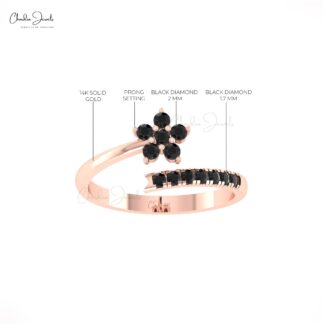 Cluster Open Cuff Women Ring In 14k Real Gold Black Diamond Hallmarked Star Jewelry