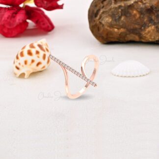 Natural White Diamond Bar Ring In 14k Real Gold Dainty Round Cut Wedding Jewelry
