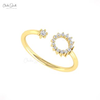 Open Cuff Adjustable Ring In Pure 14k Gold White Diamond 0.14 Ct Round Promise Rings