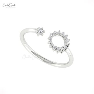 Open Cuff Adjustable Ring In Pure 14k Gold White Diamond 0.14 Ct Round Promise Rings