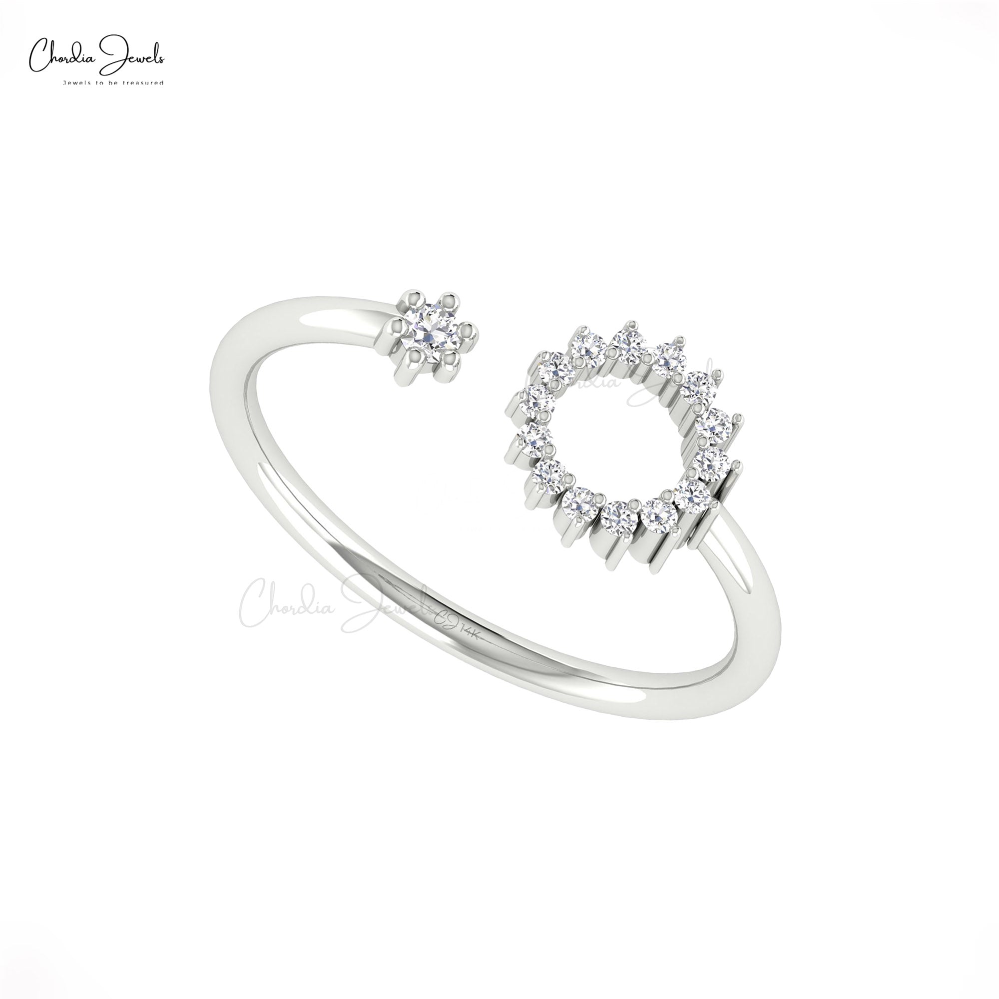 Open Cuff Adjustable Ring In Pure 14k Gold White Diamond 0.14 Ct Round Promise Rings