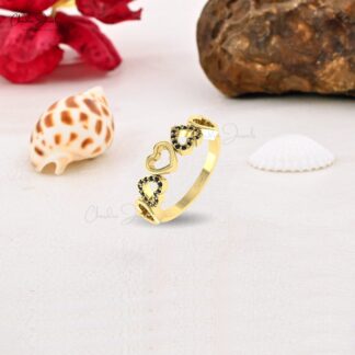 Real 14k Gold Heart Style Ring With 1mm Brilliant Cut Black Diamond Handmade Love Rings