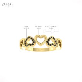 Real 14k Gold Heart Style Ring With 1mm Brilliant Cut Black Diamond Handmade Love Rings