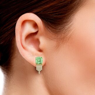 Dangle Wedding Earrings In 14k Real Gold Green Amethyst And Diamond Cluster Jewelry
