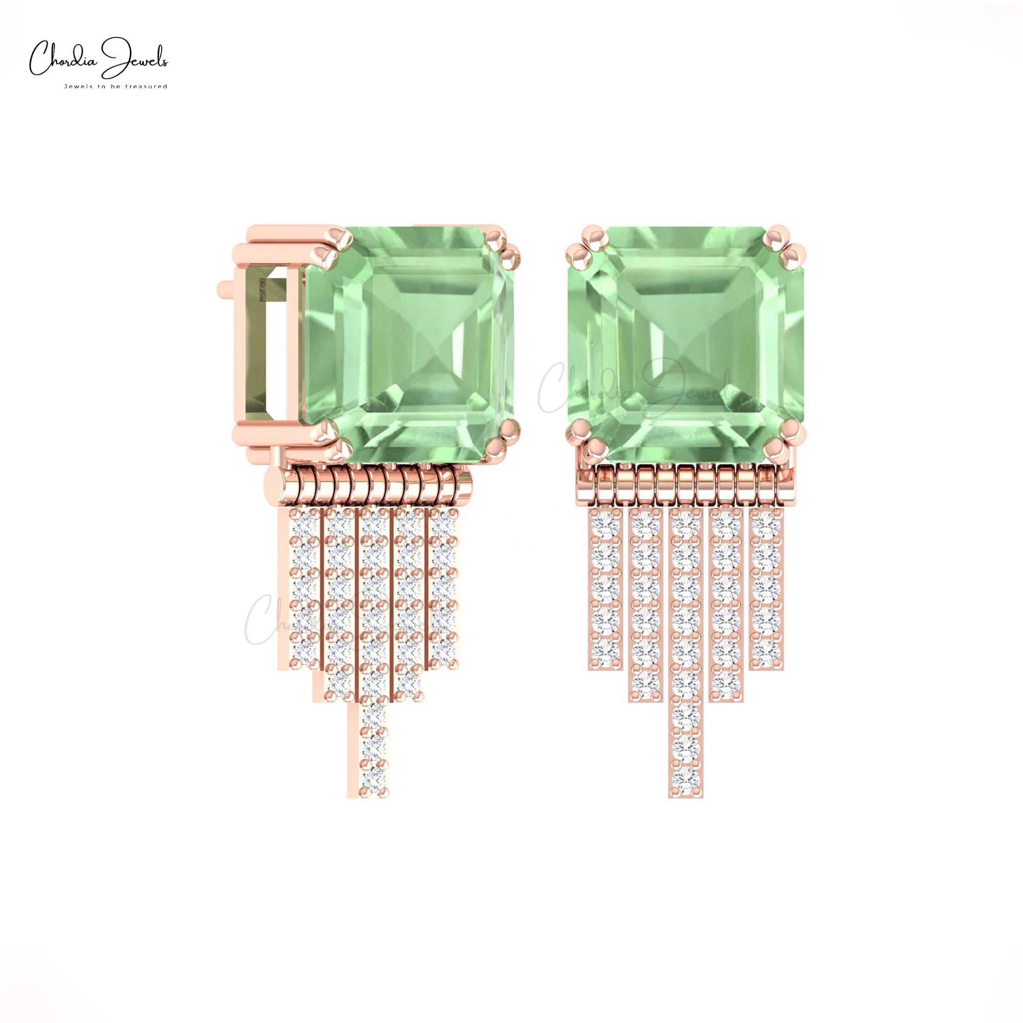 Dangle Wedding Earrings In 14k Real Gold Green Amethyst And Diamond Cluster Jewelry