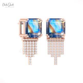 Drop Diamond Earrings With 10mm Rainbow Moonstone Prong Set In 14k Pure Gold Studs
