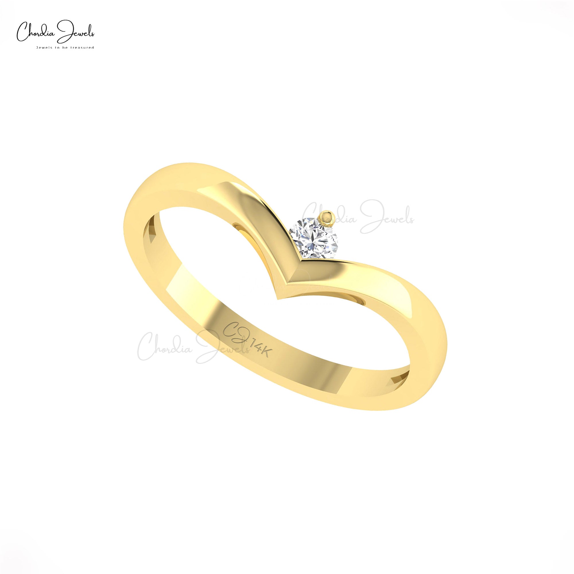 Diamond Chevron Ring With 3mm White Diamond Solitaire Engagement Ring In 14k Real Gold