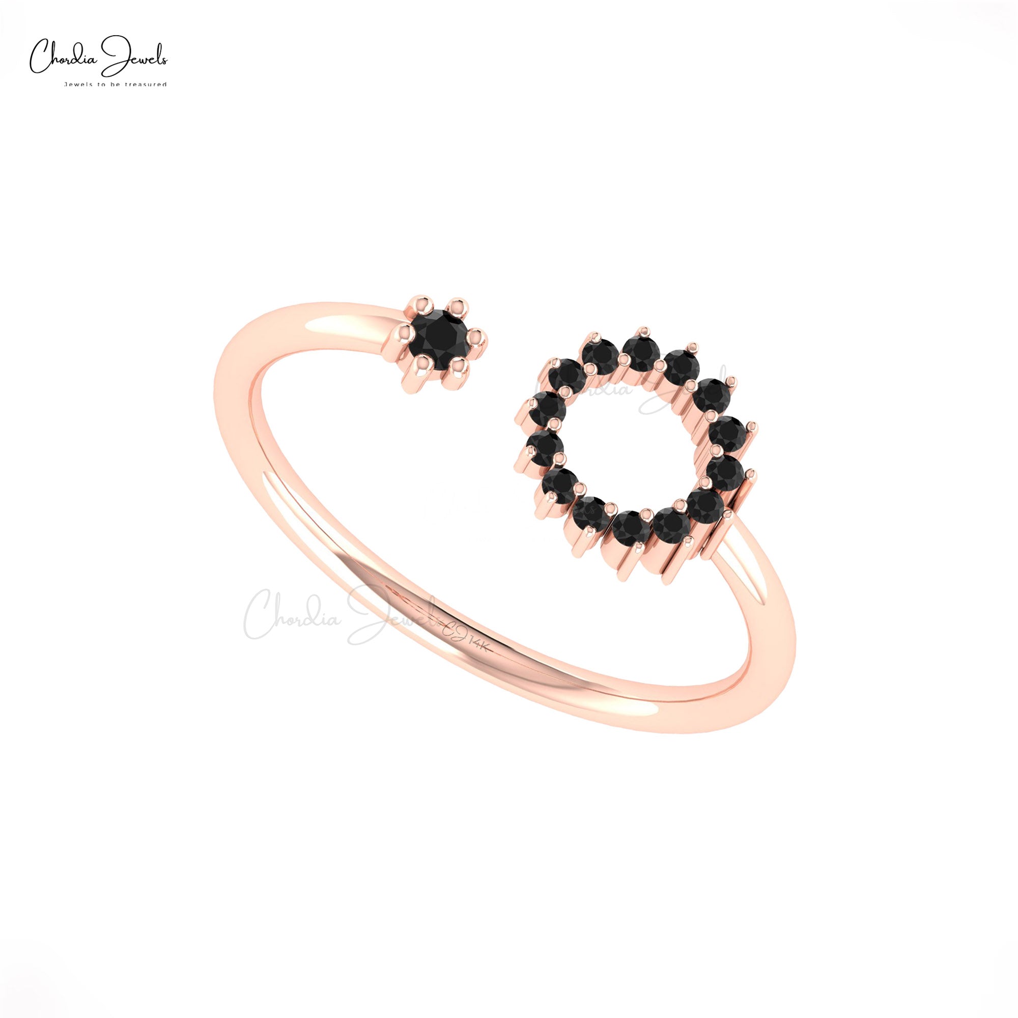 Brilliant Cut Split Shank Ring With 2mm Black Diamond Open Cuff Ring In 14k Solid Gold