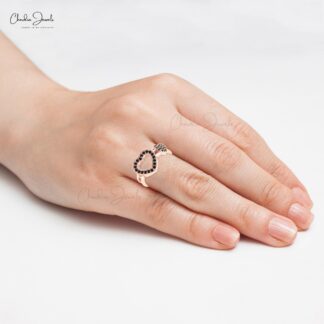 Open Heart Promise Ring In Real 14k Gold Black Diamond 1.5mm Round Women Rings