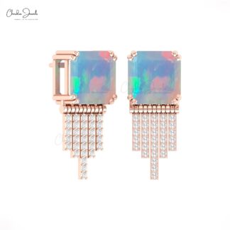 Natural Fire Opal 12 Ct Gemstone Drop Earrings In 14k Real Gold Diamond Fine Jewelry