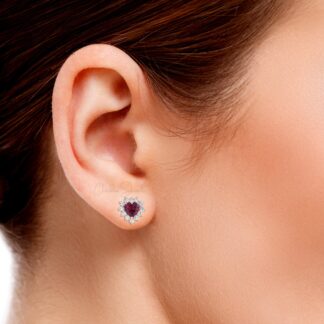 Dainty Diamond Halo Studs In Pure 14k Gold Rhodolite Garnet 5mm Heart Women Earrings