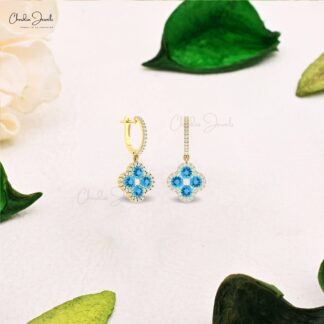 Cluster Floral Bridal Earrings With 4mm Swiss Blue Topaz G-H Diamond Earring In 14k Gold