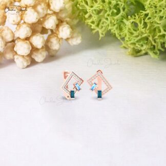 Solid 14k Gold 2 Stone Hoops With 4x2mm Moonstone And Blue Topaz Diamond Earrings