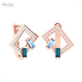 Solid 14k Gold 2 Stone Hoops With 4x2mm Moonstone And Blue Topaz Diamond Earrings