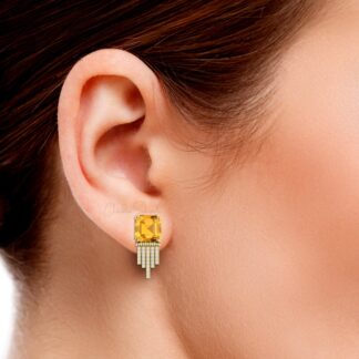 Dangling Push Back Earrings In 14k Real Gold Citrine And Diamond Anniversary Unique Studs