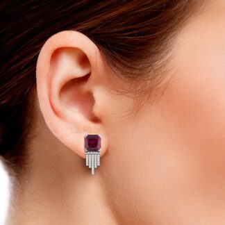 Cluster Diamond Studs With 12 Ct Rhodolite Garnet Drop Dangle Earrings In 14k Real Gold