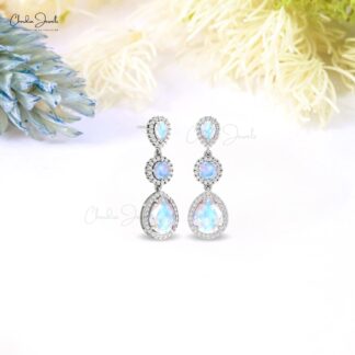Three Rainbow Moonstone Earrings In 14k Real Gold Halo Diamond Dangle Fine Earrings