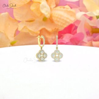 Dangling Diamond Earring In 14k Pure Gold Fire Opal 4mm Round Halo Anniversary Earrings