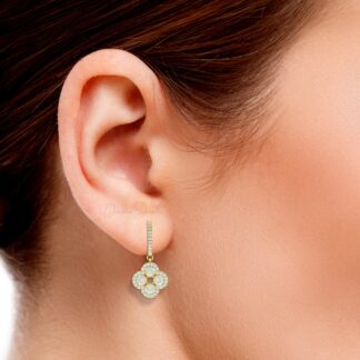 Dangling Diamond Earring In 14k Pure Gold Fire Opal 4mm Round Halo Anniversary Earrings