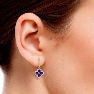 Flower Style Dangle Earring With 1.92 Ct Amethyst Pave Diamond 14k Solid Gold Earrings
